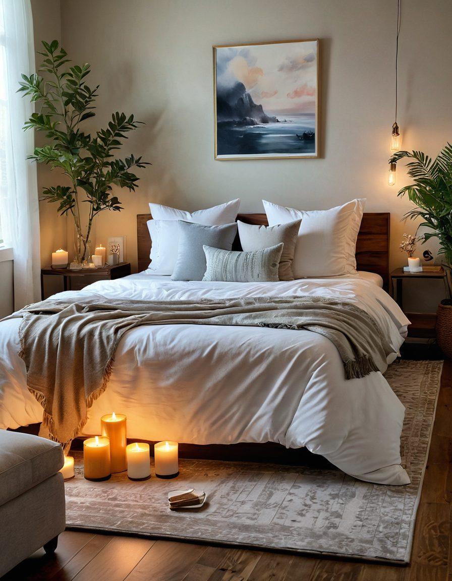 A serene and inviting bedroom scene designed for relaxation and intimacy, featuring soft lighting, plush pillows, and sensual decor elements like candles and art. Include diverse couples engaged in conversation or playful activities, reflecting empowerment and self-care. Add subtle touches of wellness items like essential oils and books on sexual health. The atmosphere should feel warm and inviting, encouraging openness and exploration. vibrant colors. soft focus.