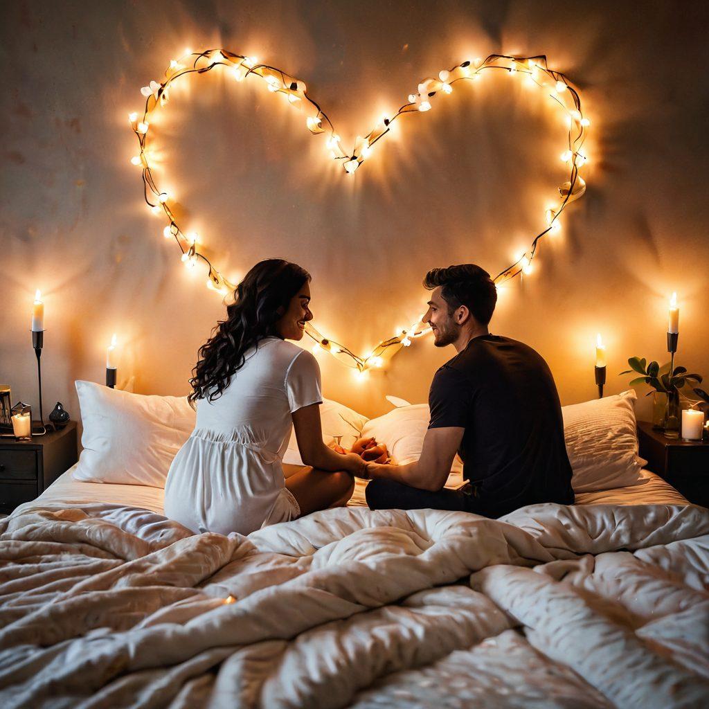 A cozy, intimate bedroom setting with soft lighting, featuring a couple sharing a heartfelt conversation, surrounded by candles, plush pillows, and romantic decor. Include elements symbolizing empowerment and intimacy, like intertwined hands and a heart-shaped wall art. Capture the warmth and connection between the couple through their expressions. vibrant colors. soft focus.