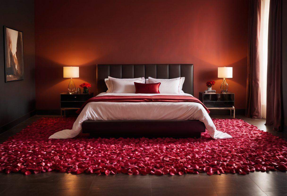 A sultry setting with soft, ambient lighting featuring a luxurious bedroom with satin sheets and sleek modern furniture. Incorporate subtle symbols of desire such as a glass of red wine and delicate rose petals scattered around. A silhouette of a couple whispering intimately in the background adds intrigue. Overall, evoke an atmosphere of passion and allure. super-realistic. warm colors. soft focus.